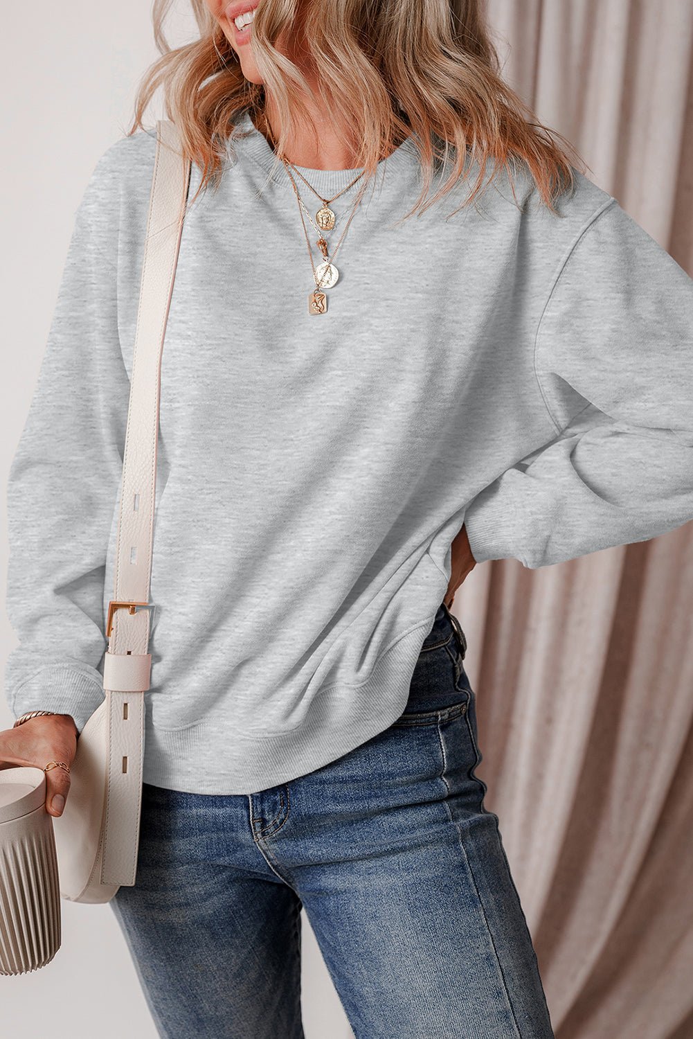 Gray Solid Fleece Lined Drop Shoulder Terry Sweatshirt - Crowned Energy CO.