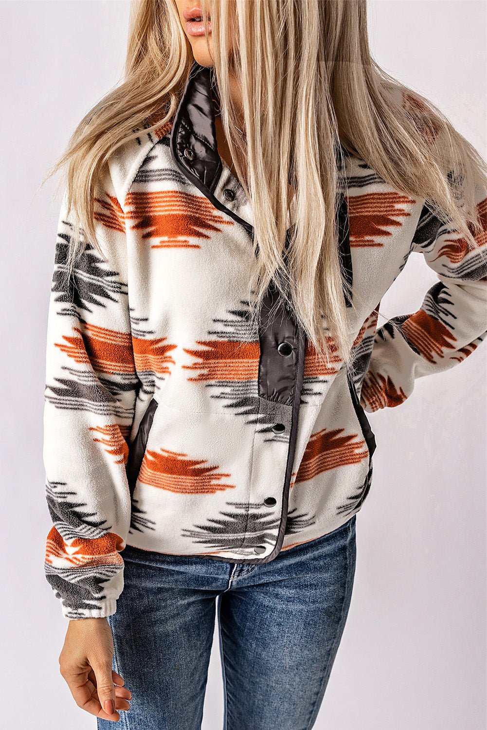 Gray Western Aztec Snap Buttoned Fleece Jacket - Crowned Energy CO.