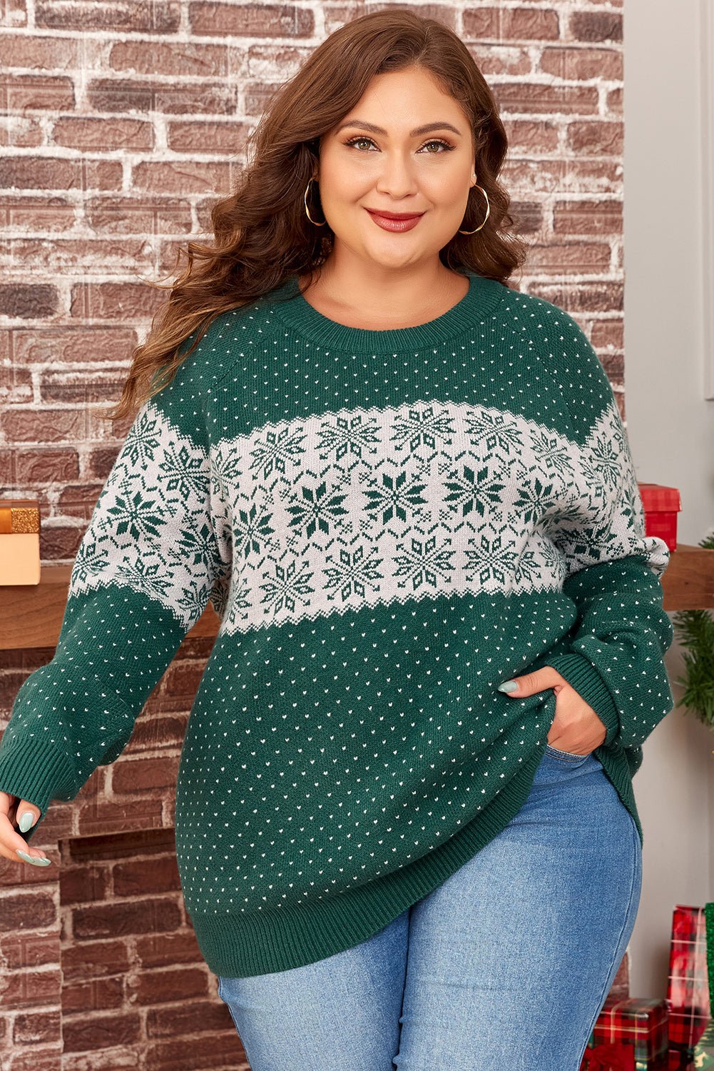 Green Christmas Snowflake Pattern Drop Shoulder Plus Size Sweater - Crowned Energy CO.