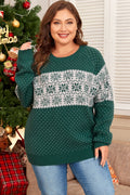 Green Christmas Snowflake Pattern Drop Shoulder Plus Size Sweater - Crowned Energy CO.