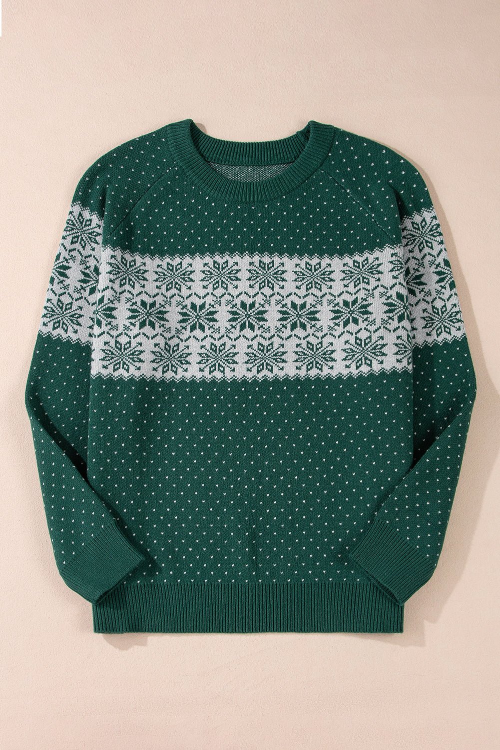 Green Christmas Snowflake Pattern Drop Shoulder Plus Size Sweater - Crowned Energy CO.