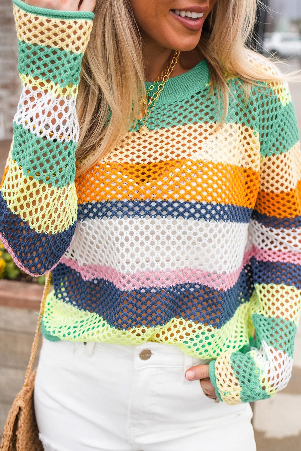 Green Colorblock Patchwork Knit Crochet Eyelet Sweater - Crowned Energy CO.