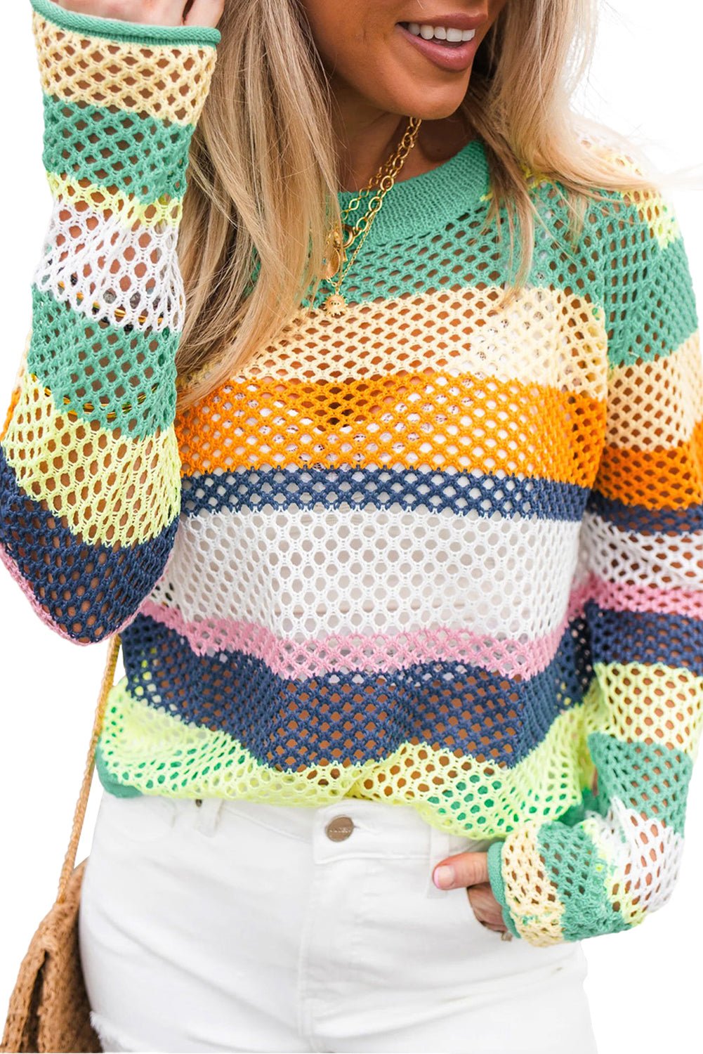 Green Colorblock Patchwork Knit Crochet Eyelet Sweater - Crowned Energy CO.