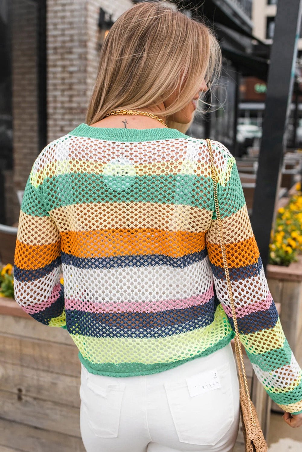 Green Colorblock Patchwork Knit Crochet Eyelet Sweater - Crowned Energy CO.