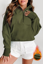 Green Fleece Lined Zip Up Stand Collar Thumbhole Sleeve Sweatshirt - Goddess Vibes