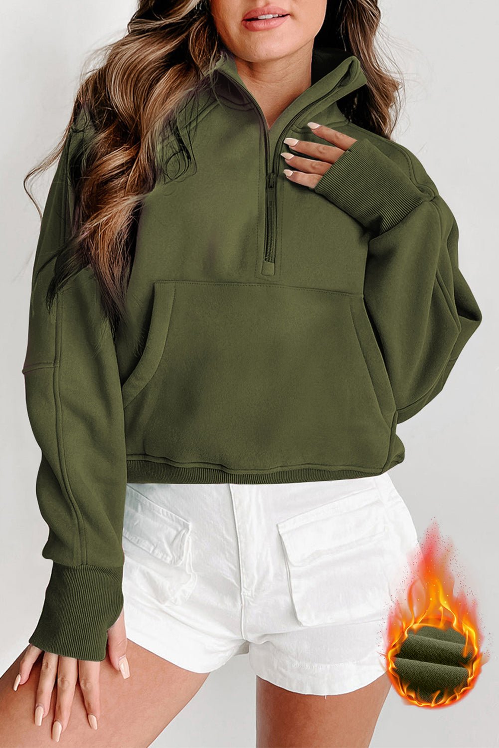 Green Fleece Lined Zip Up Stand Collar Thumbhole Sleeve Sweatshirt - Goddess Vibes
