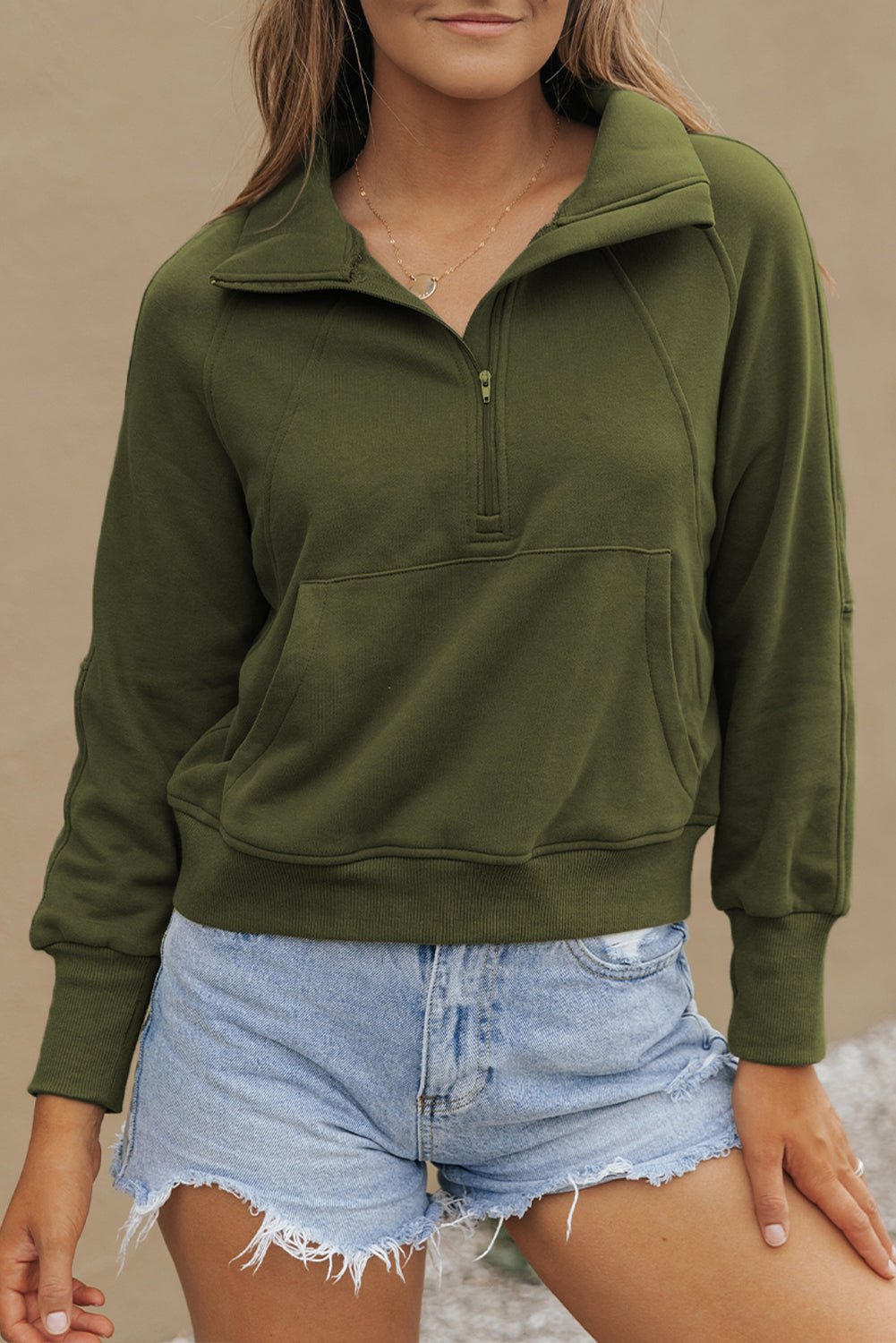 Green Fleece Lined Zip Up Stand Collar Thumbhole Sleeve Sweatshirt - Goddess Vibes