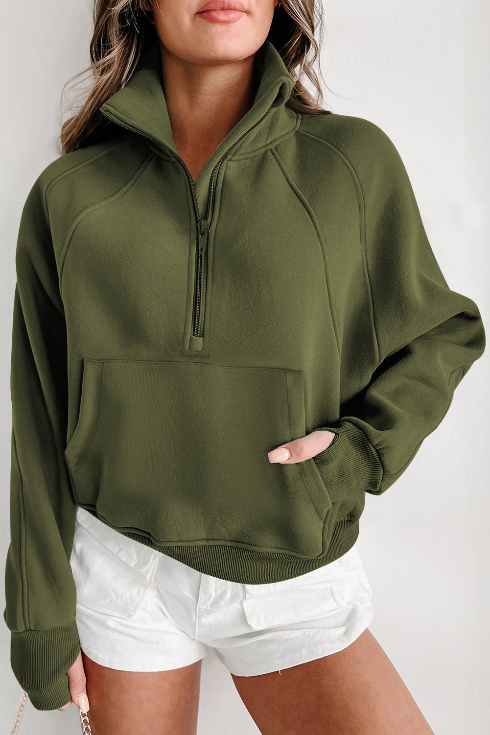 Green Fleece Lined Zip Up Stand Collar Thumbhole Sleeve Sweatshirt - Goddess Vibes