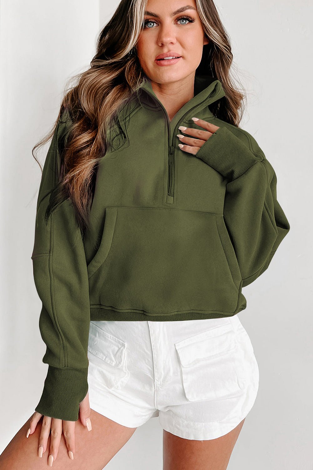 Green Fleece Lined Zip Up Stand Collar Thumbhole Sleeve Sweatshirt - Goddess Vibes