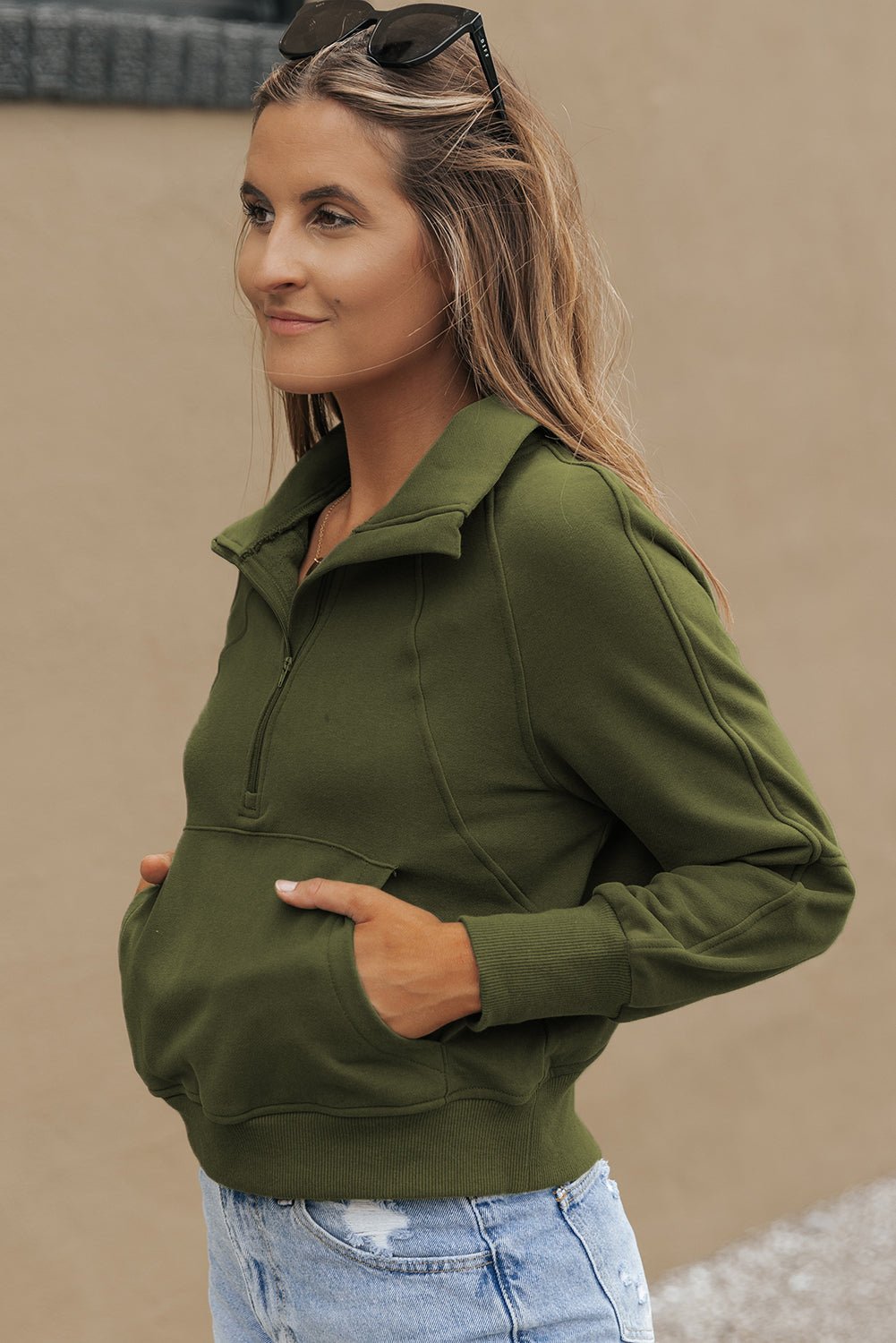 Green Fleece Lined Zip Up Stand Collar Thumbhole Sleeve Sweatshirt - Goddess Vibes