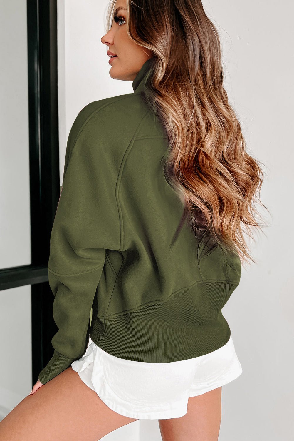 Green Fleece Lined Zip Up Stand Collar Thumbhole Sleeve Sweatshirt - Goddess Vibes