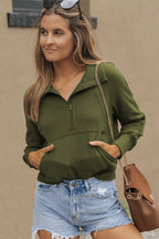 Green Fleece Lined Zip Up Stand Collar Thumbhole Sleeve Sweatshirt - Goddess Vibes