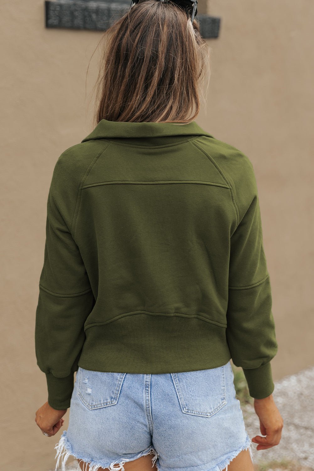 Green Fleece Lined Zip Up Stand Collar Thumbhole Sleeve Sweatshirt - Goddess Vibes