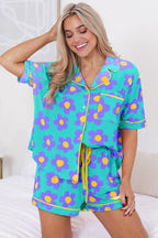 Green Flower Print Short Sleeve Shirt Pajamas Set - Goddess Vibes