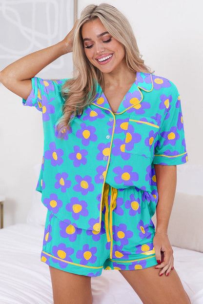 Green Flower Print Short Sleeve Shirt Pajamas Set - Goddess Vibes