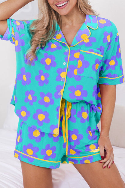 Green Flower Print Short Sleeve Shirt Pajamas Set - Goddess Vibes