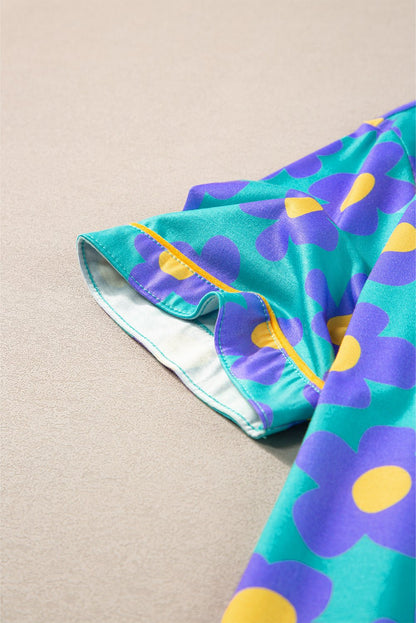 Green Flower Print Short Sleeve Shirt Pajamas Set - Goddess Vibes