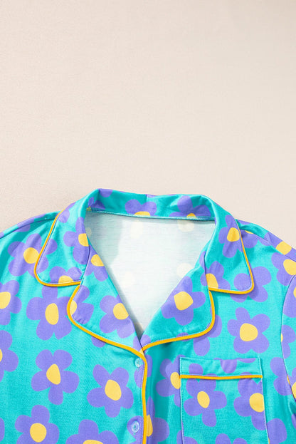 Green Flower Print Short Sleeve Shirt Pajamas Set - Goddess Vibes