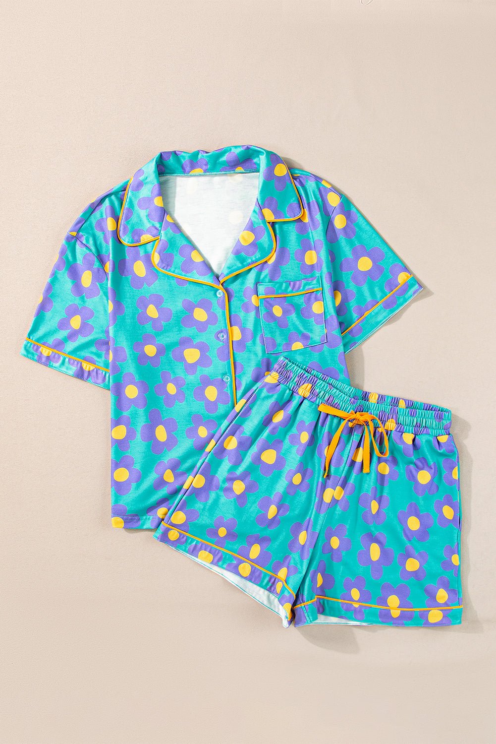Green Flower Print Short Sleeve Shirt Pajamas Set - Goddess Vibes