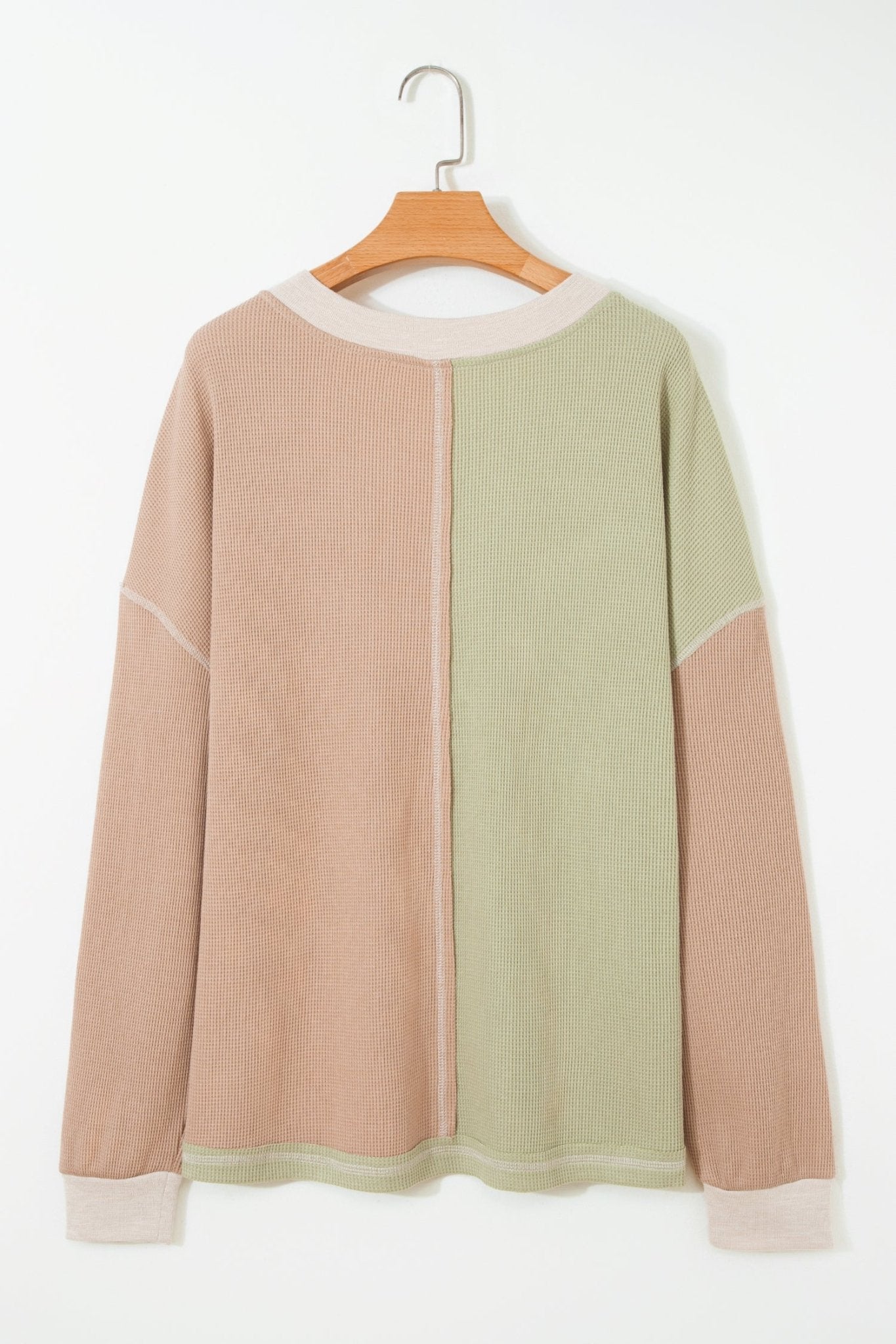 Green Plus Mixed Texture Color Block Patchwork V Neck Long Sleeve Top - Crowned Energy CO.