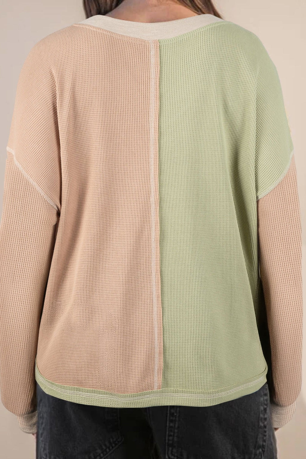 Green Plus Mixed Texture Color Block Patchwork V Neck Long Sleeve Top - Crowned Energy CO.