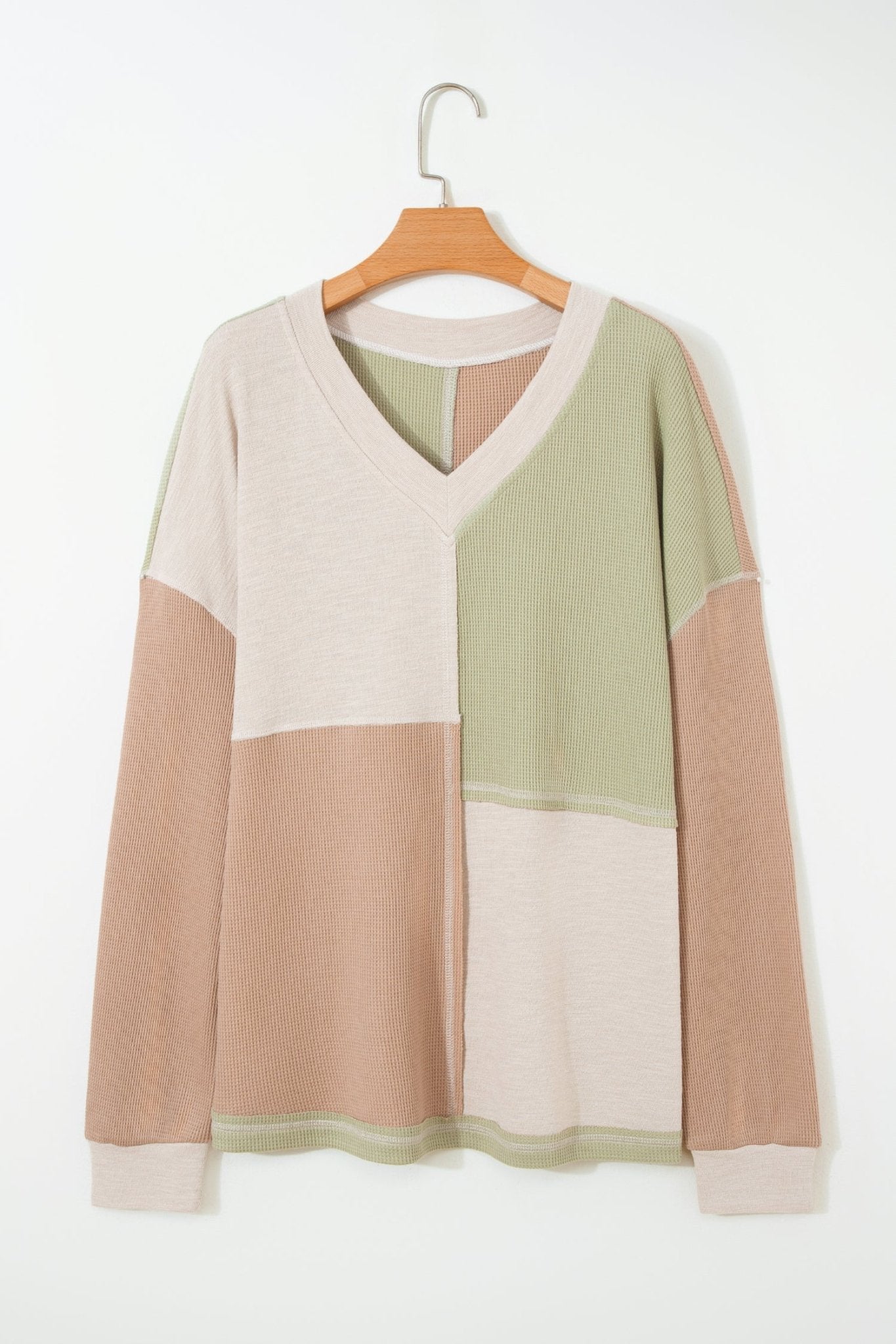 Green Plus Mixed Texture Color Block Patchwork V Neck Long Sleeve Top - Crowned Energy CO.