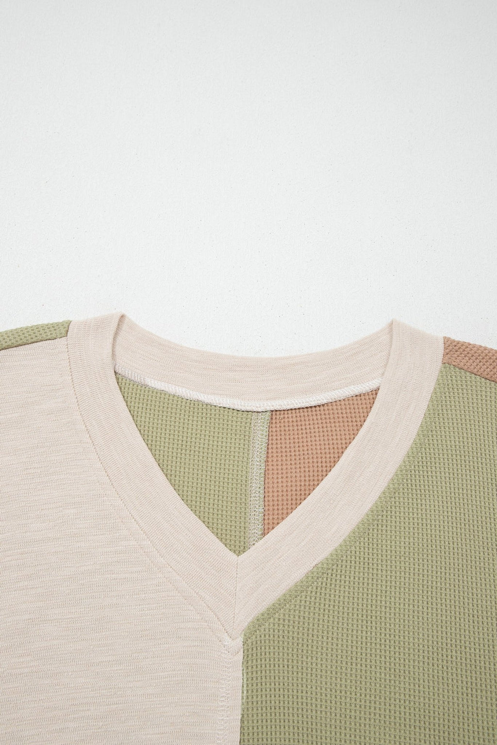 Green Plus Mixed Texture Color Block Patchwork V Neck Long Sleeve Top - Crowned Energy CO.