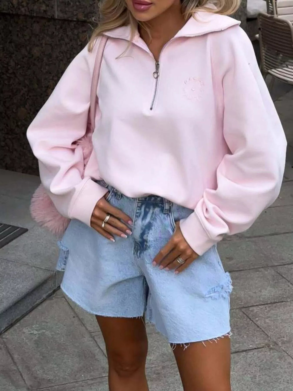 Crowned Energy CO. Blush Pink / S Trendsi Sweaters & Cardigans/Cardigans Half Zip Long Sleeve Sweatshirt
