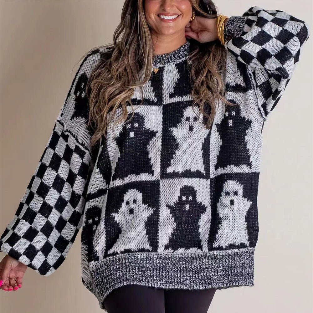 Halloween Cartoon Ghost And Checkerboard Print Pullover Sweater Autumn - Goddess Vibes