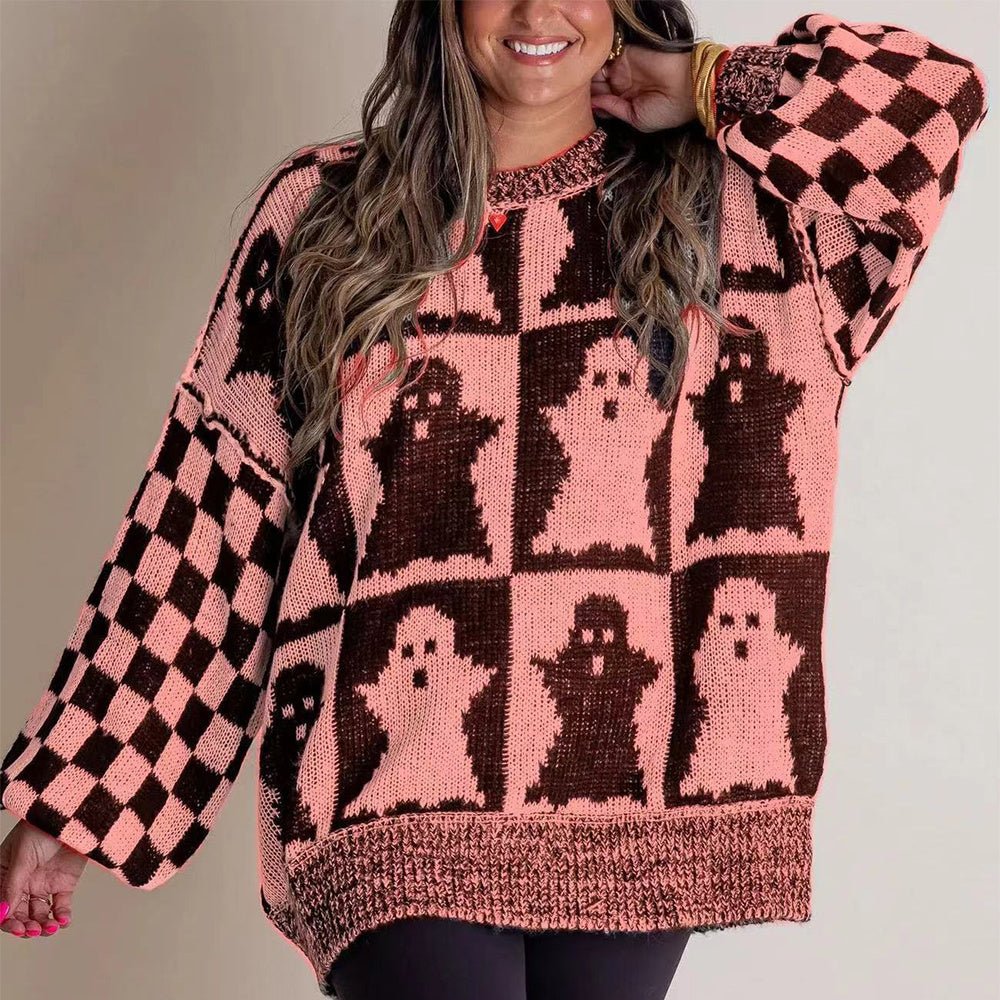 Crowned Energy CO. Pink / 2XL Goddess Vibes Sweaters & Cardigans/Cardigans Halloween Cartoon Ghost And Checkerboard Print Pullover Sweater Autumn