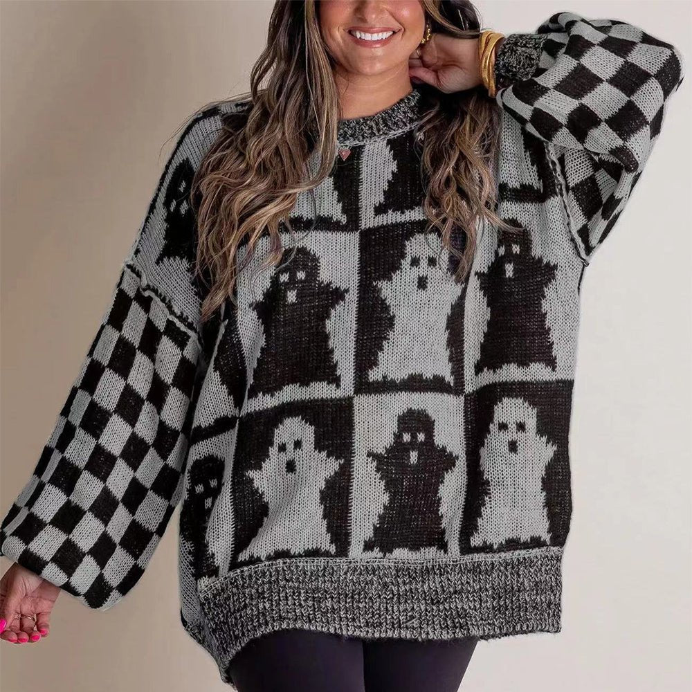 Halloween Cartoon Ghost And Checkerboard Print Pullover Sweater Autumn - Goddess Vibes