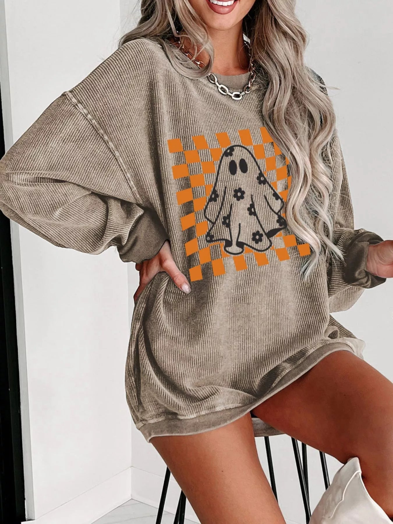 Crowned Energy CO. Khaki / S Trendsi Halloween Checkerboard Floral Ghost Graphic Corded Sweatshirt