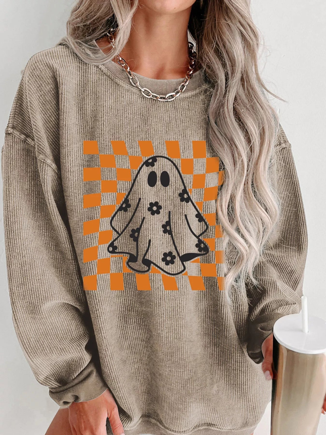 Halloween Checkerboard Floral Ghost Graphic Corded Sweatshirt - Goddess Vibes