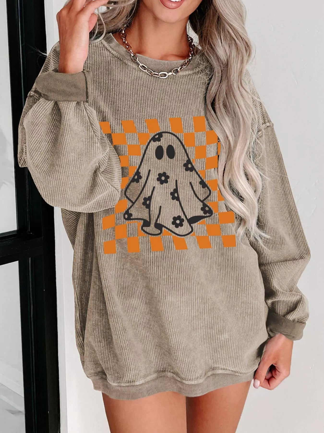 Crowned Energy CO. Khaki / S Trendsi Halloween Checkerboard Floral Ghost Graphic Corded Sweatshirt