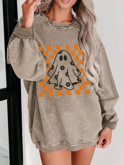 Halloween Checkerboard Floral Ghost Graphic Corded Sweatshirt - Goddess Vibes