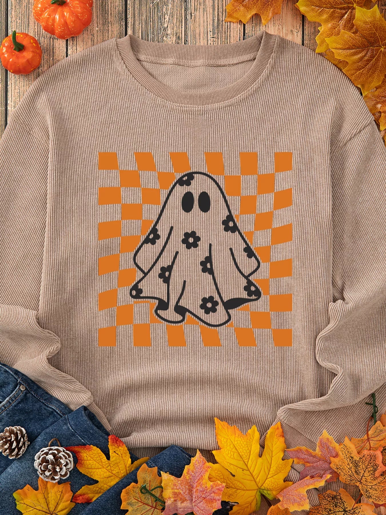 Crowned Energy CO. Khaki / S Trendsi Halloween Checkerboard Floral Ghost Graphic Corded Sweatshirt