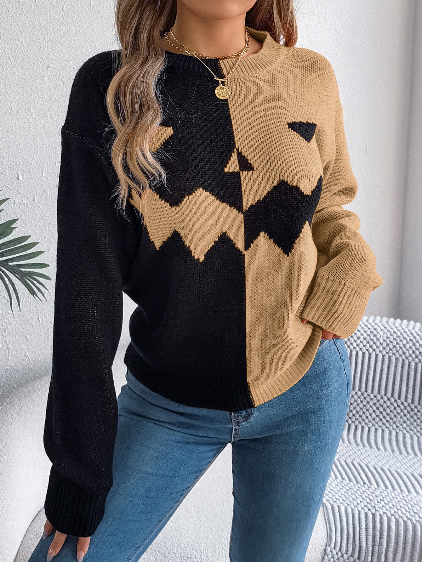 Halloween Contrast - color Pullover Sweater Fashion Long Sleeve Knitted - Goddess Vibes
