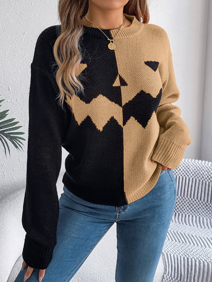 Halloween Contrast - color Pullover Sweater Fashion Long Sleeve Knitted - Goddess Vibes
