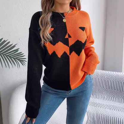 Halloween Contrast - color Pullover Sweater Fashion Long Sleeve Knitted - Goddess Vibes