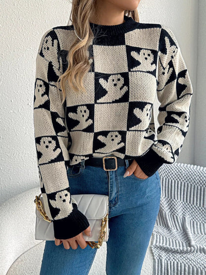 Halloween Ghost Pattern Checkered Round Neck Sweater - Goddess Vibes