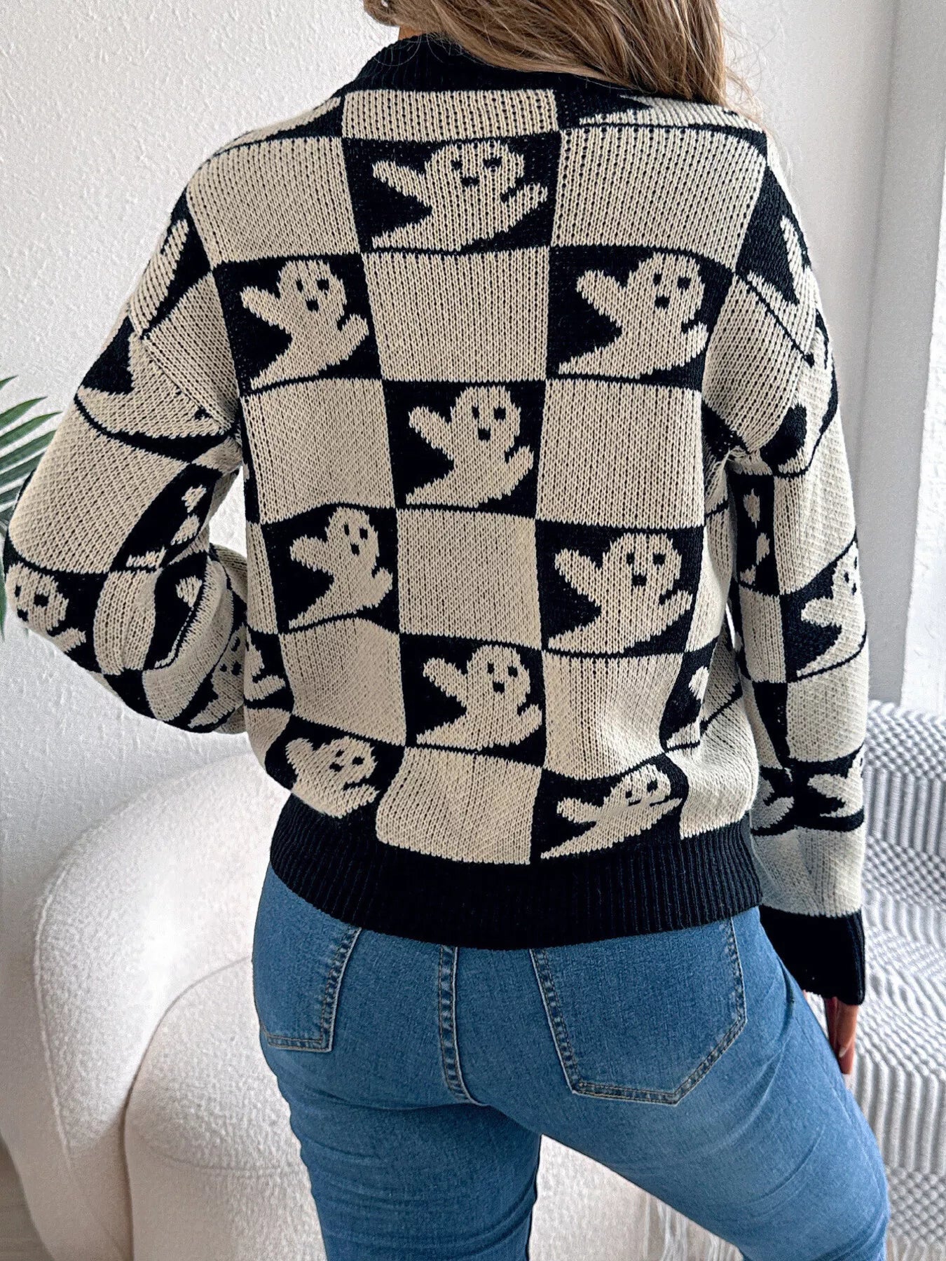 Halloween Ghost Pattern Checkered Round Neck Sweater - Goddess Vibes