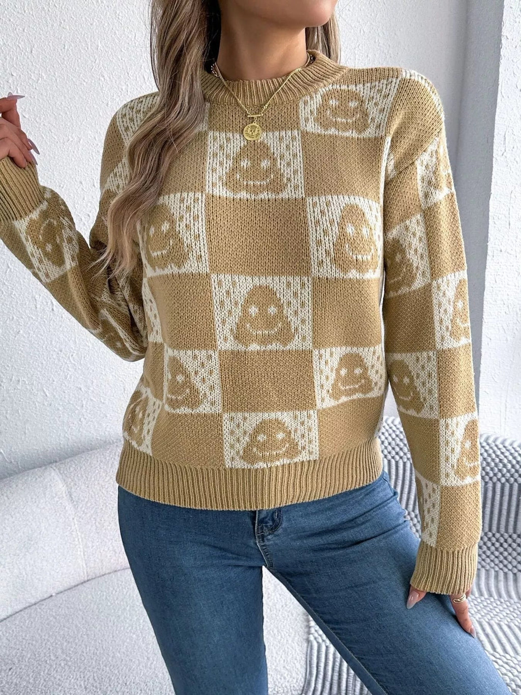 Crowned Energy CO. Apricot / S Trendsi Halloween Ghost Pattern Checkered Round Neck Sweater