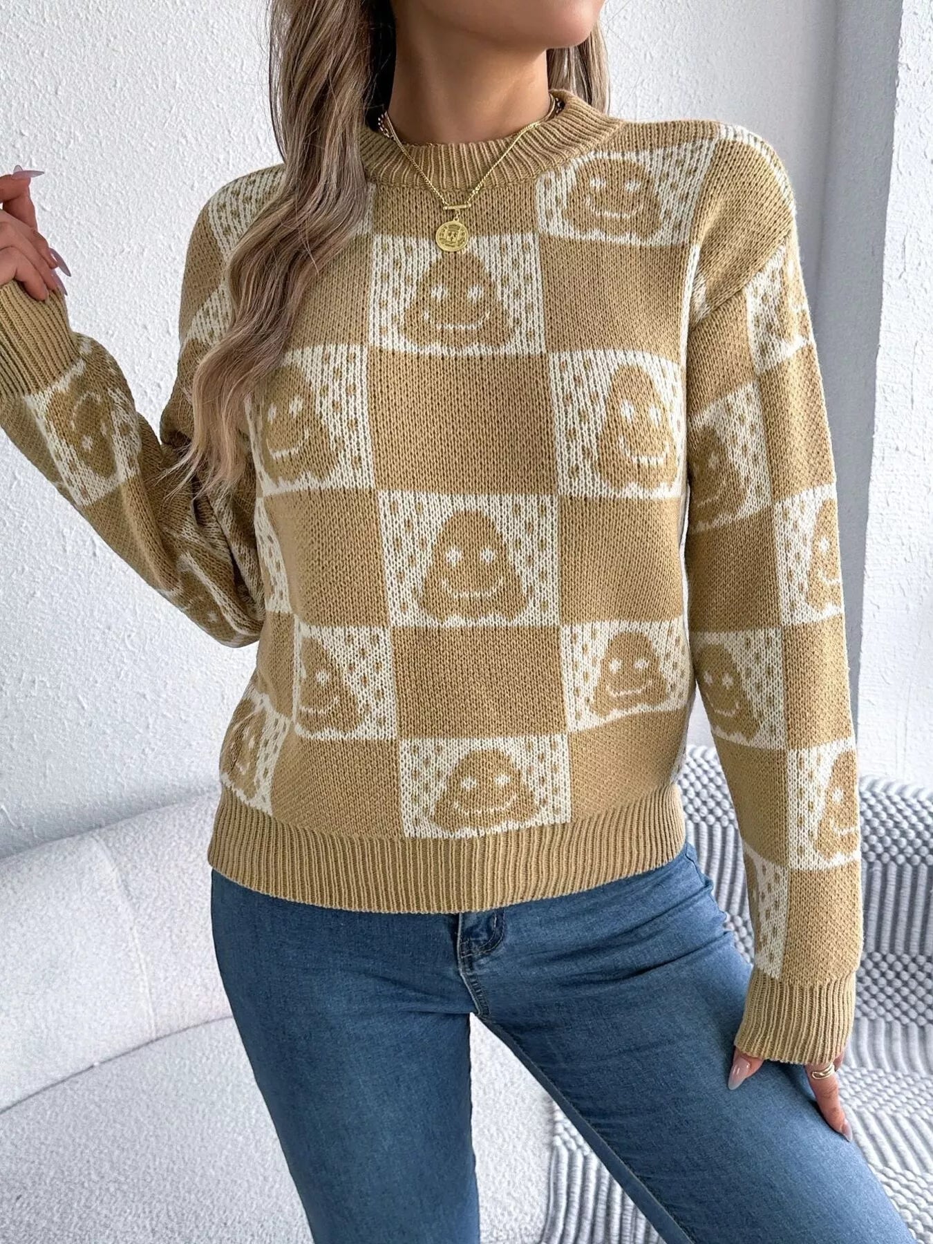 Halloween Ghost Pattern Checkered Round Neck Sweater - Goddess Vibes
