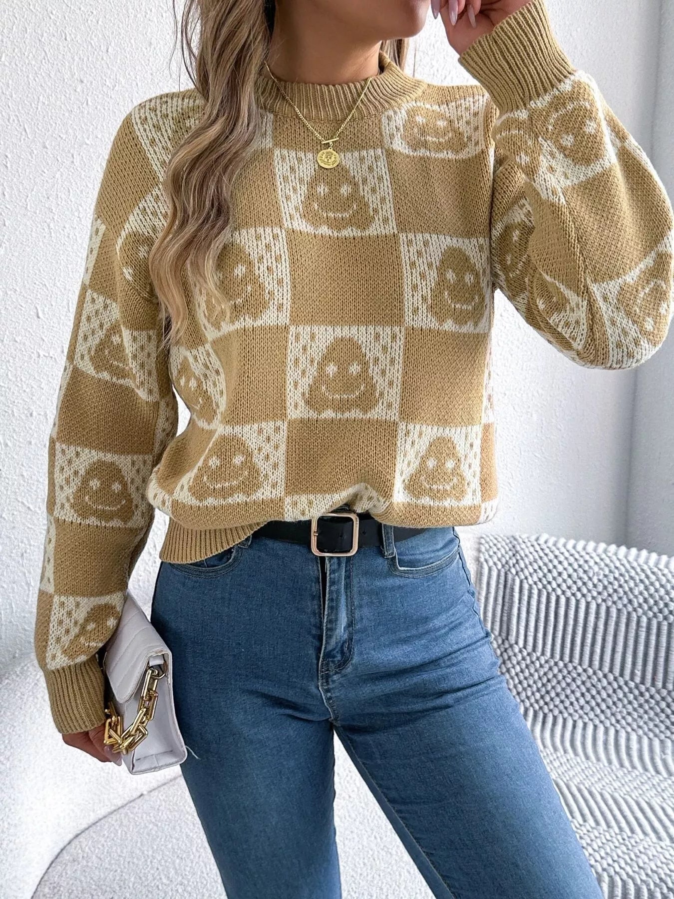 Halloween Ghost Pattern Checkered Round Neck Sweater - Goddess Vibes
