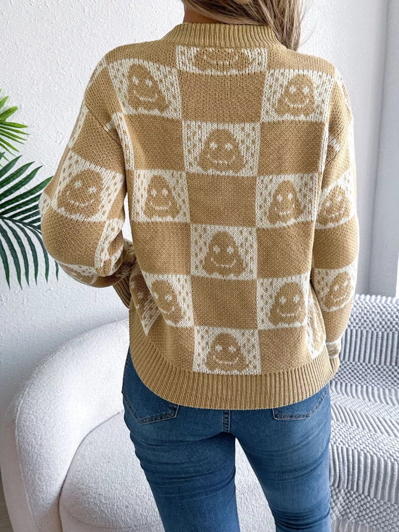 Halloween Ghost Pattern Checkered Round Neck Sweater - Goddess Vibes