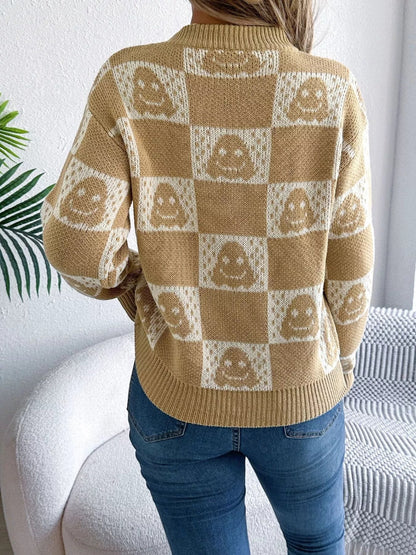 Halloween Ghost Pattern Checkered Round Neck Sweater - Goddess Vibes