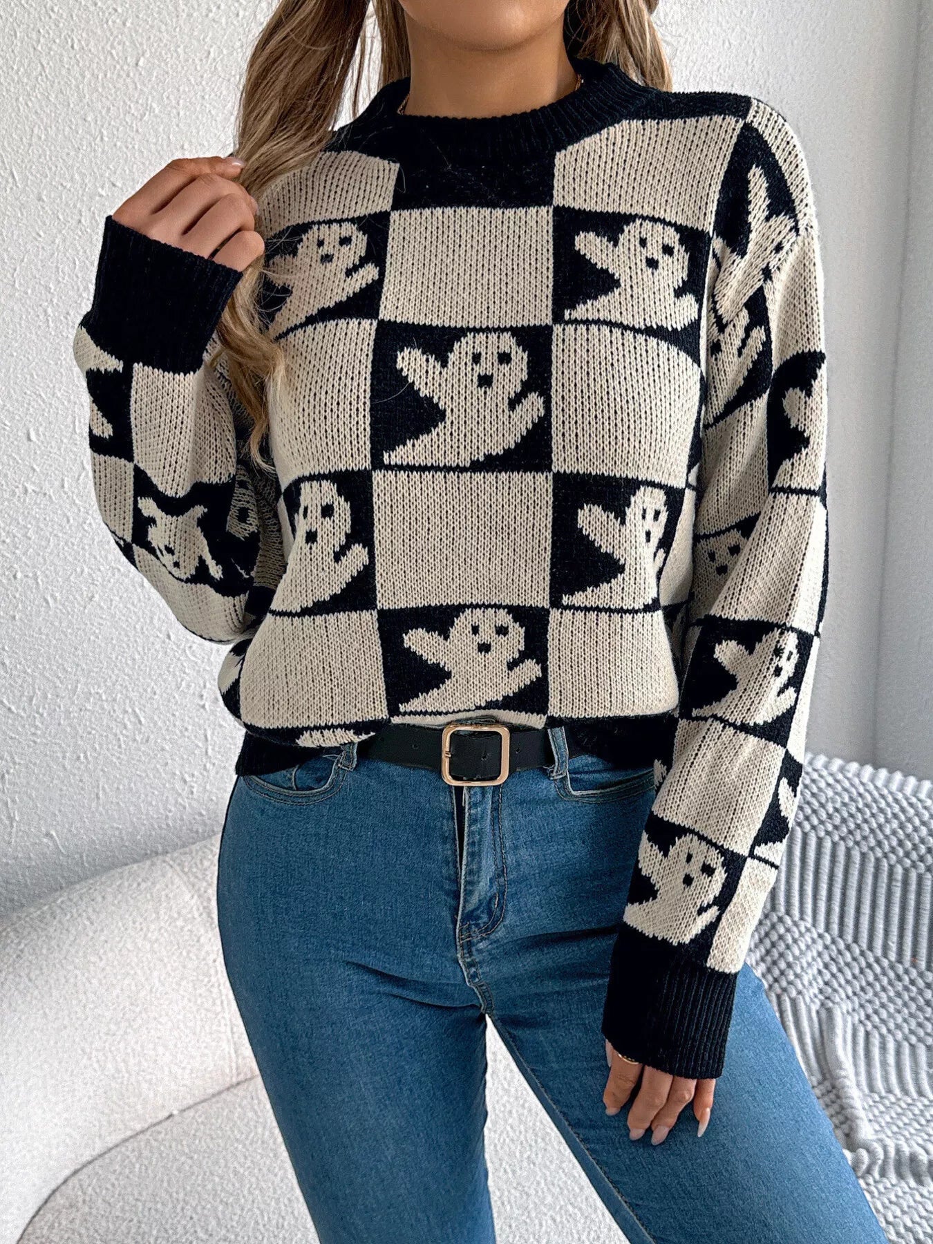 Halloween Ghost Pattern Checkered Round Neck Sweater - Goddess Vibes