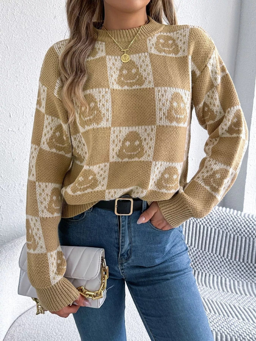 Crowned Energy CO. Apricot / S Trendsi Halloween Ghost Pattern Checkered Round Neck Sweater