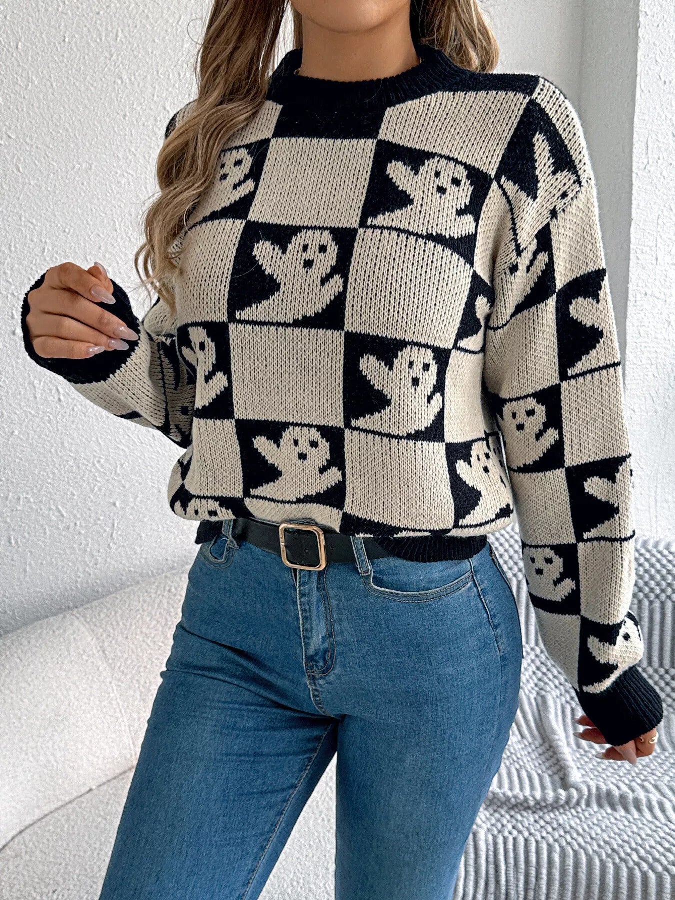 Halloween Ghost Pattern Checkered Round Neck Sweater - Goddess Vibes