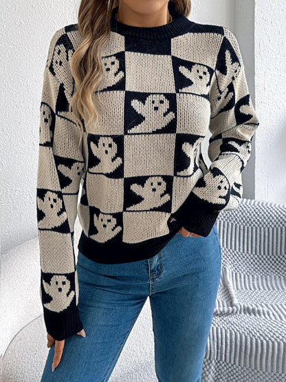Halloween Ghost Pattern Checkered Round Neck Sweater - Goddess Vibes
